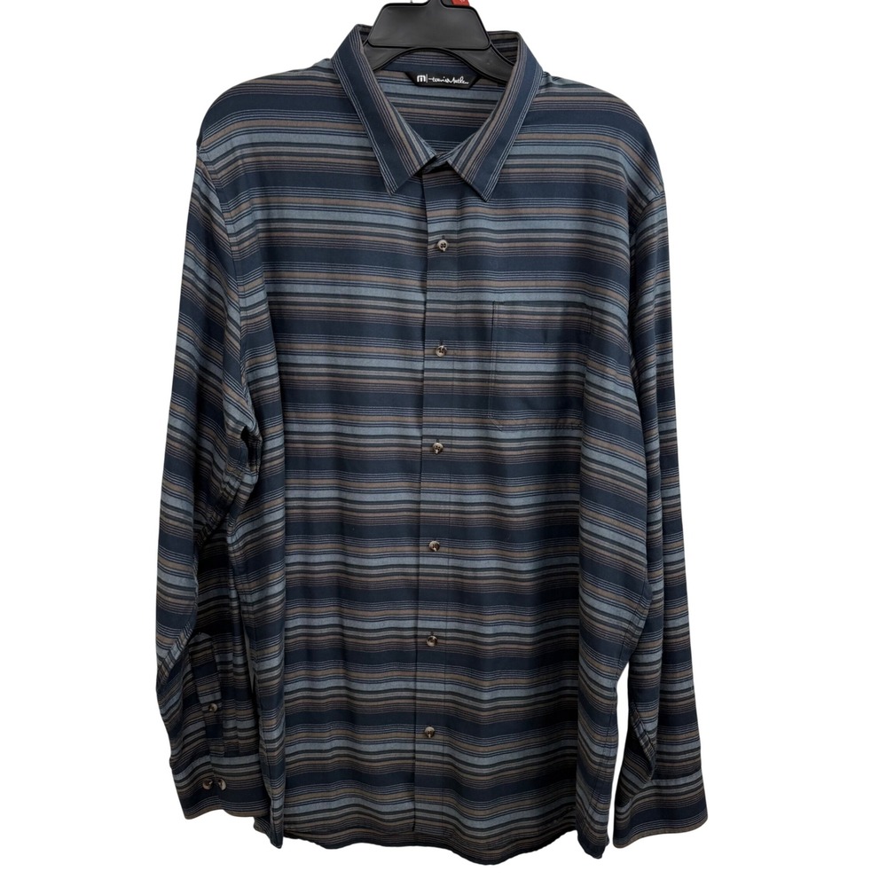 Travis Mathew GOLF Polo Shirt XL Blue Tan Stripe Long Sleeve Performance STRETCH